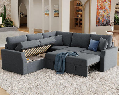 Gray sectional sofa in a living room setting with decorative pillows and a rug.