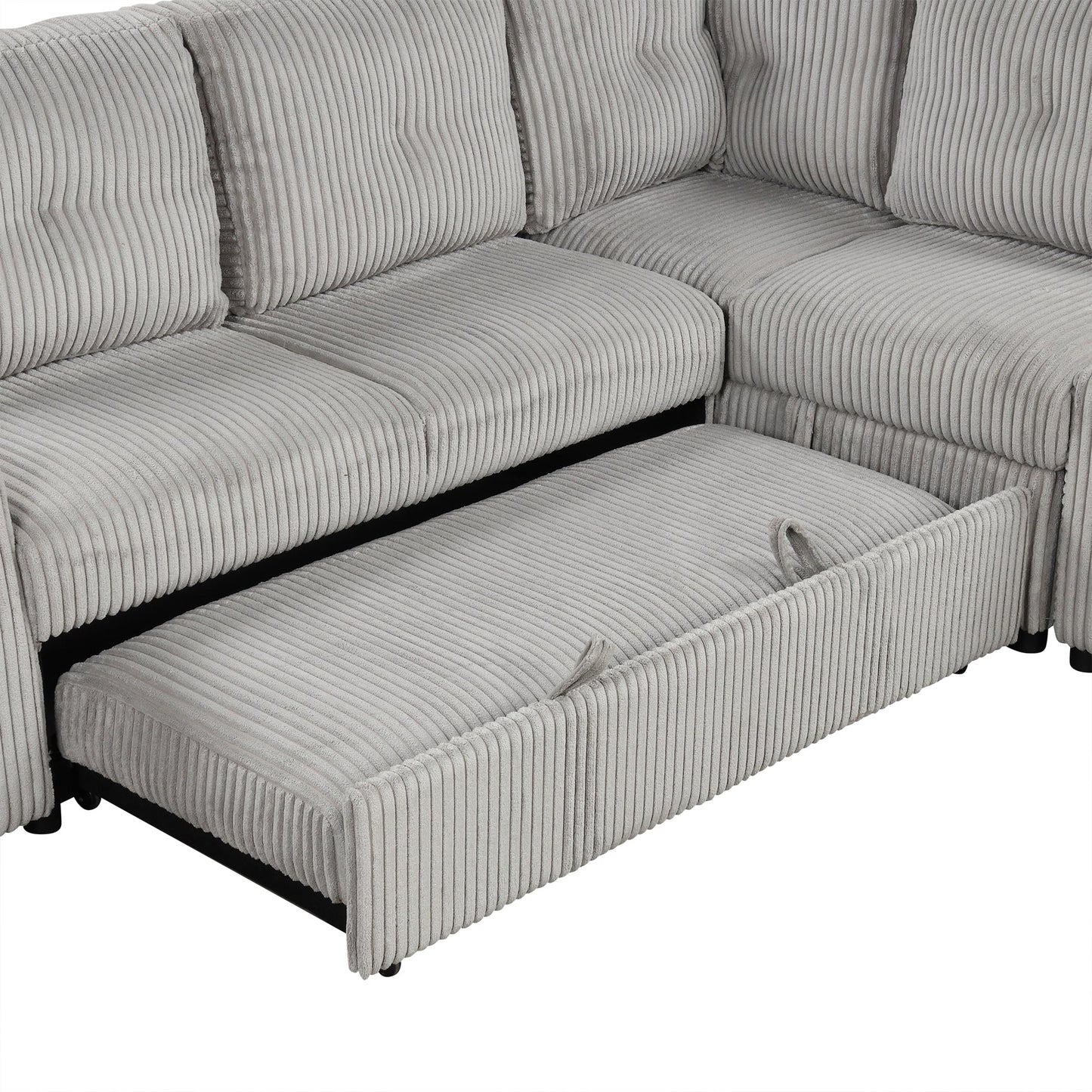 Light Grey Corduroy Sectional Sofa Bed with Built-in USB, Storage, and Movable Ottoman