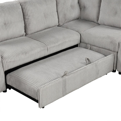 Light Grey Corduroy Sectional Sofa Bed with Built-in USB, Storage, and Movable Ottoman