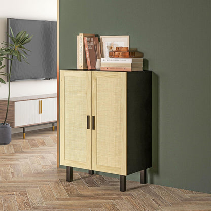Boho Chic Buffet Cabinet with Woven Rattan Doors – Modern Storage Sideboard