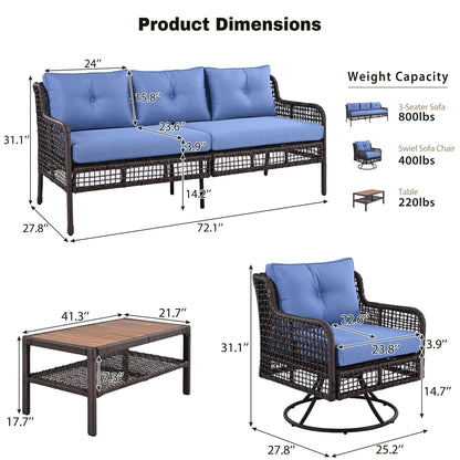 5-Piece Outdoor Swivel Patio Furniture Set with Blue Cushions and Wood Coffee Table