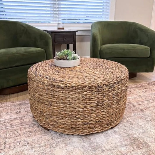 Natural Round Abaca Accent Table – Handwoven Wood Frame Side Table, 50 lb Weight Capacity