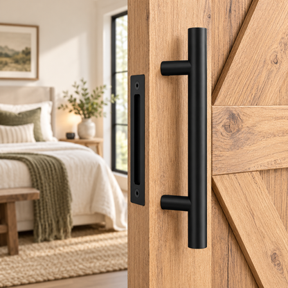KAK 12" Matte Black Barn Door Handle & Flush Pull Set