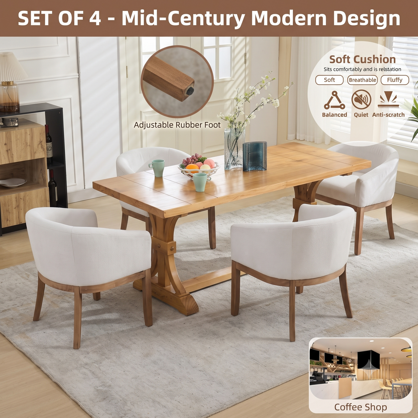 Mid-Century Modern Linen Upholstered Barrel Dining Chairs (Set of 4)