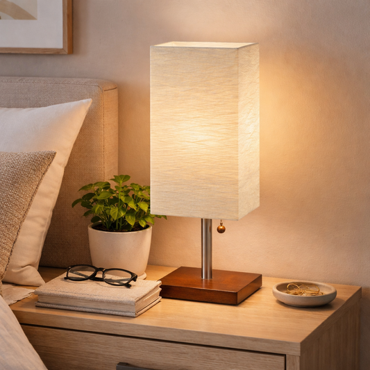 Contemporary Table Lamp with Paper Shade & Wood Base