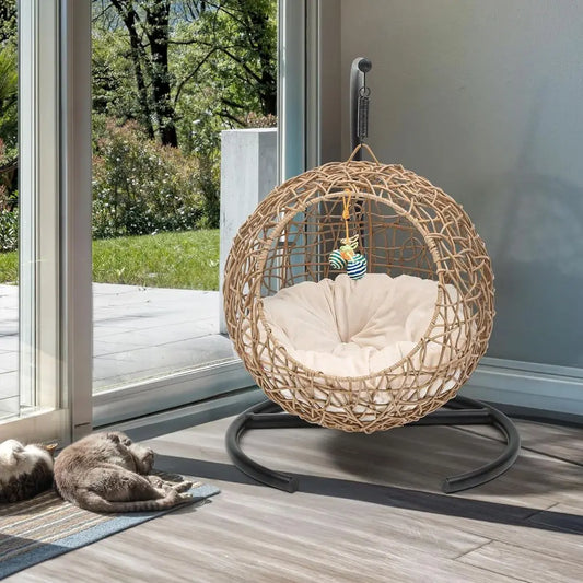 Orange Rattan-Style Cat Egg Chair with Stand & Cushion | Swing Bed for Cats & Small Dogs
