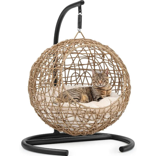 Orange Rattan-Style Cat Egg Chair with Stand & Cushion | Swing Bed for Cats & Small Dogs