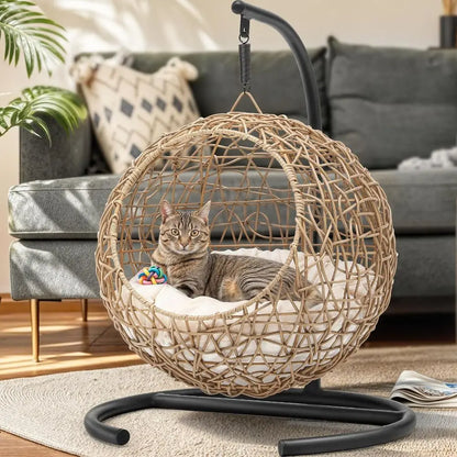 Orange Rattan-Style Cat Egg Chair with Stand & Cushion | Swing Bed for Cats & Small Dogs