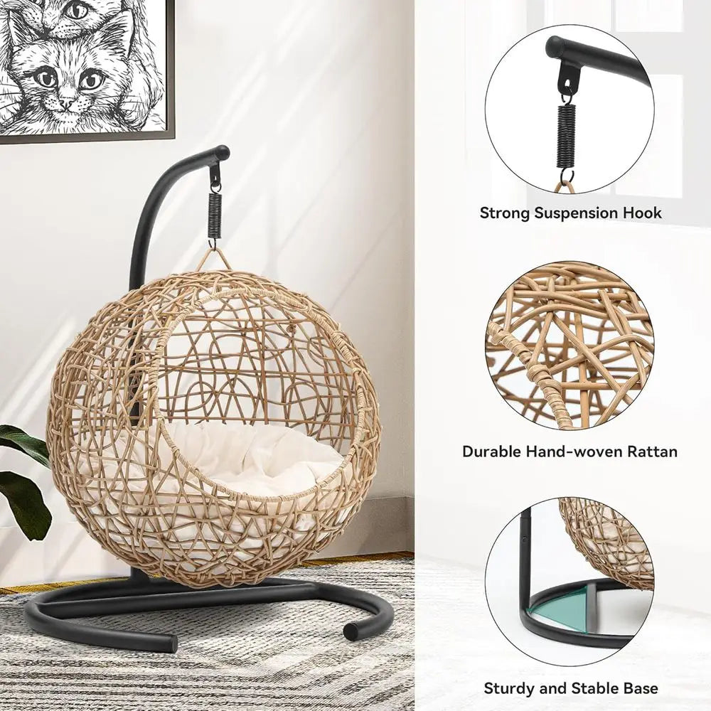 Orange Rattan-Style Cat Egg Chair with Stand & Cushion | Swing Bed for Cats & Small Dogs