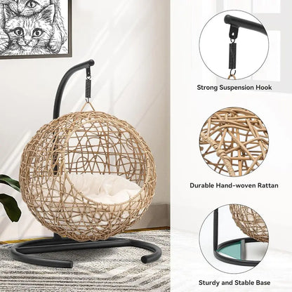 Orange Rattan-Style Cat Egg Chair with Stand & Cushion | Swing Bed for Cats & Small Dogs
