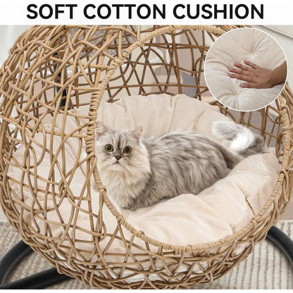 Orange Rattan-Style Cat Egg Chair with Stand & Cushion | Swing Bed for Cats & Small Dogs