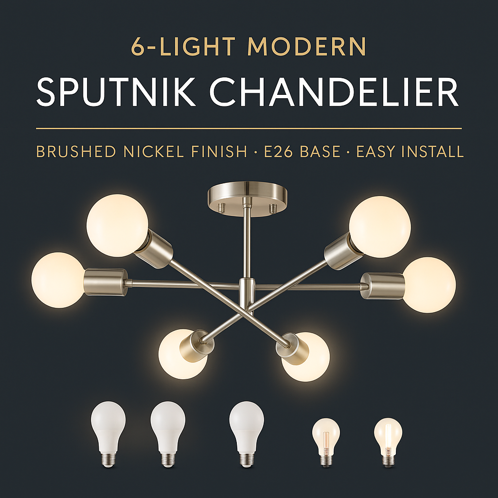 6-Light Brushed Nickel Sputnik Chandelier for Dining room, Lofts & Apartments