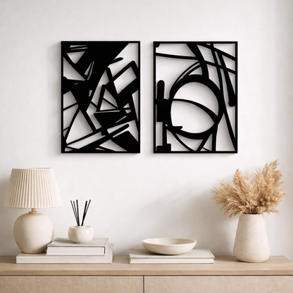 4-Piece Black Metal Abstract Wall Art Set (16" x 11" Each) - 3D Hollow Design