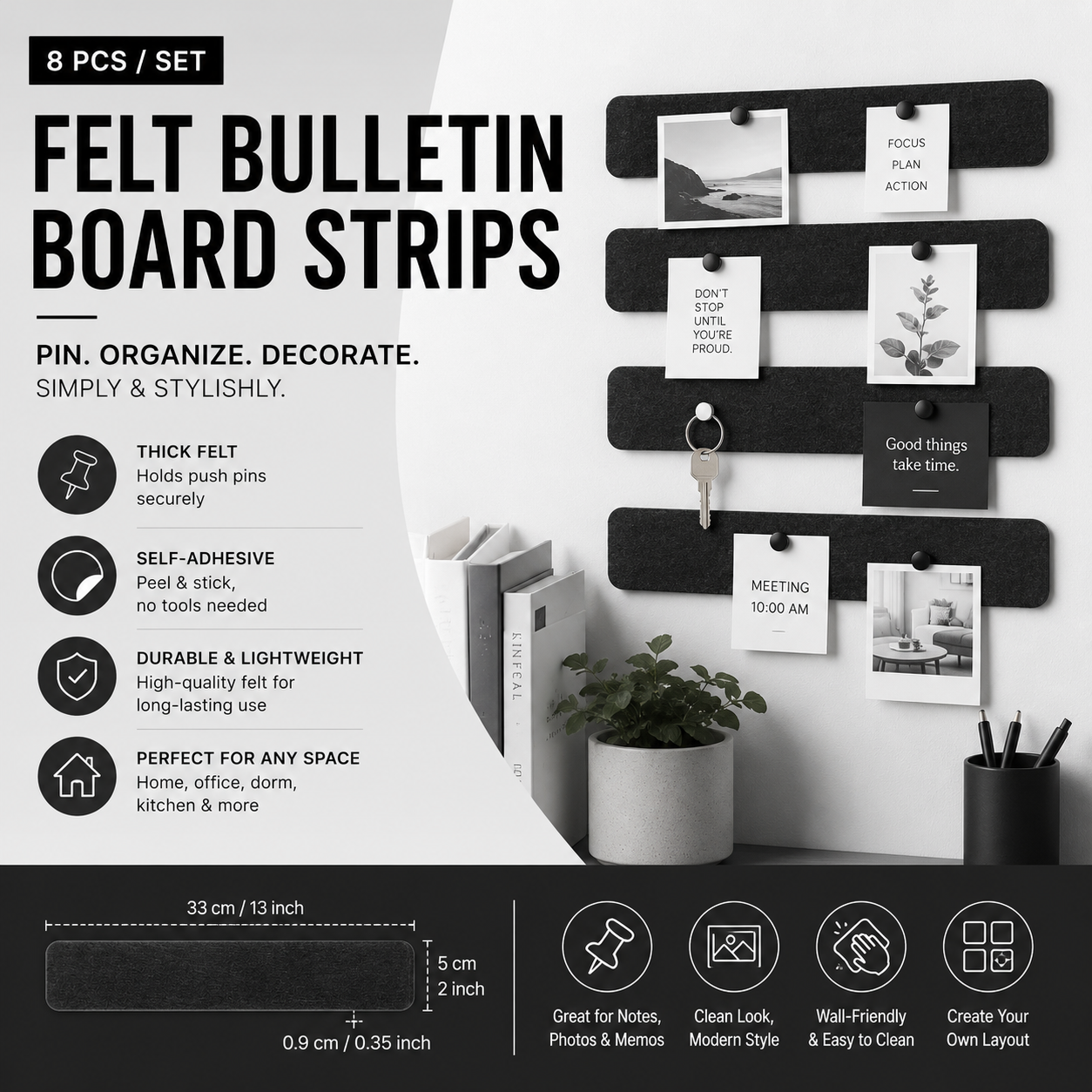 Self-Adhesive Felt Cork Bulletin Board Strips – 8 Pack