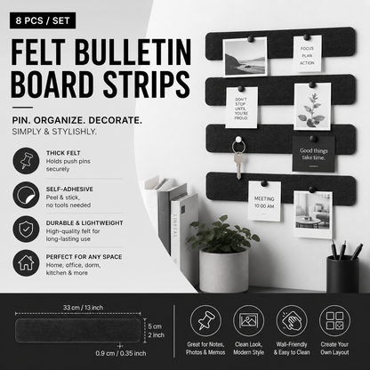 Self-Adhesive Felt Cork Bulletin Board Strips – 8 Pack