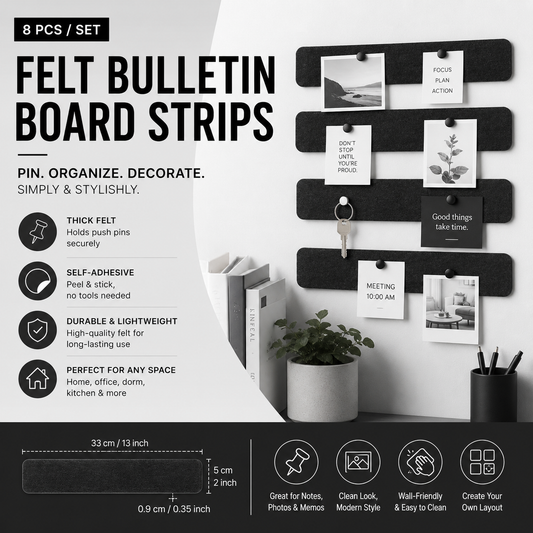 Self-Adhesive Felt Cork Bulletin Board Strips – 8 Pack