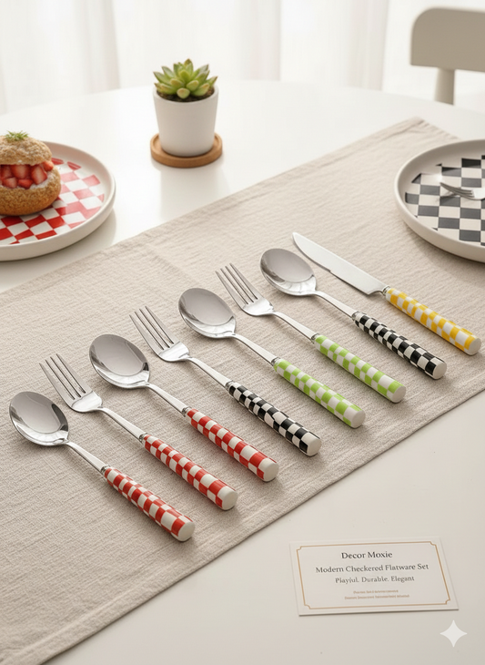 Modern Checkered Silverware Set 6pc | Ceramic Handle Flatware Stainless Steel