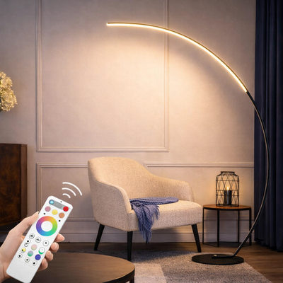 Modern RGBW Curve Floor Lamp – 16 Million Color LED, Dimmable 2700K–6500K, Remote Control, Black Metal