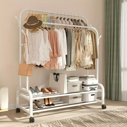 Space-Saving Dual Bar Rolling Wardrobe Rack with Hooks