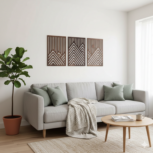 Modern Wooden Wall Art Set of 3 – Walnut Mountain & Sun Sculptures for Living Room