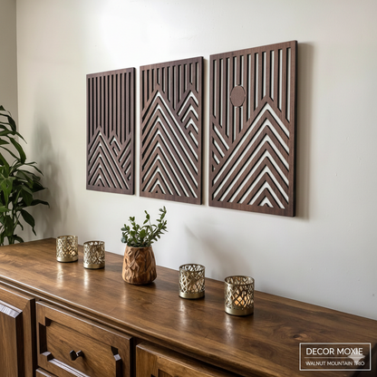 Modern Wooden Wall Art Set of 3 – Walnut Mountain & Sun Sculptures for Living Room