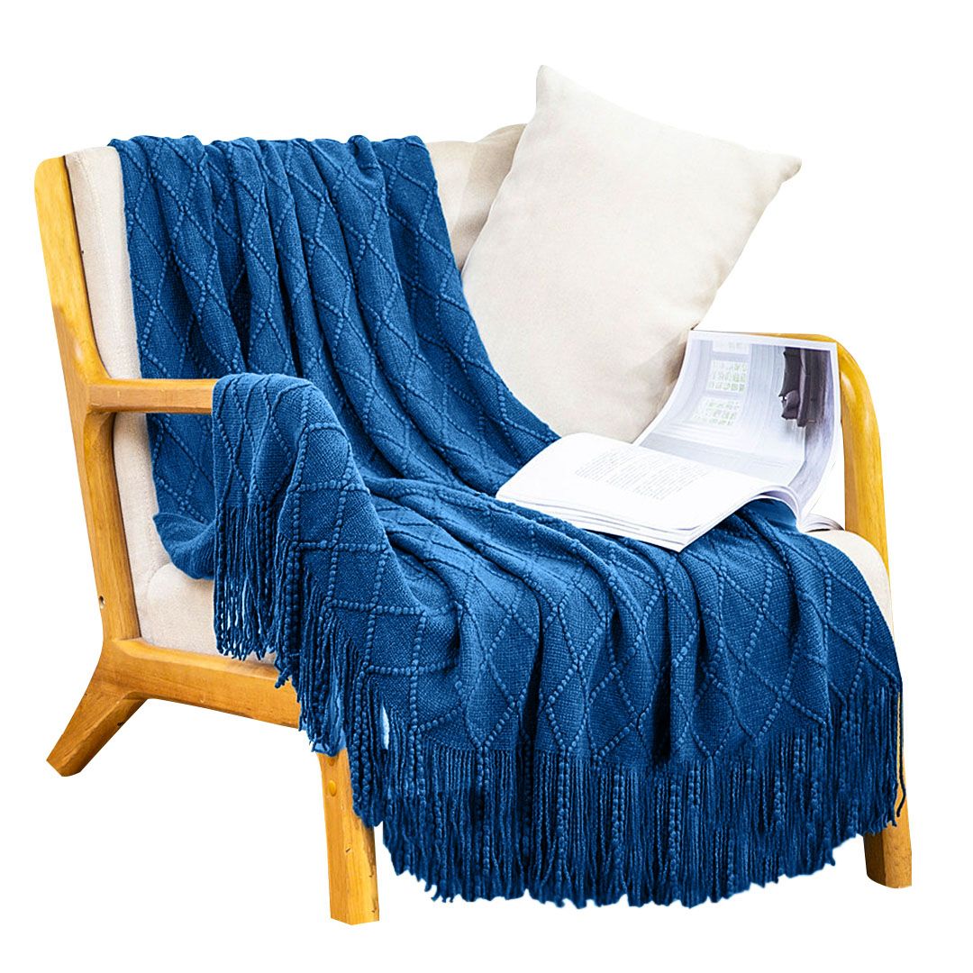 Diamond Knit Throw Blanket with Tassels – Yellow, Red, Green, Royal Blue
