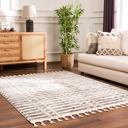 Nava Area Rug with Tassels – Cozy High Pile Striped Rug, Neutral Tones