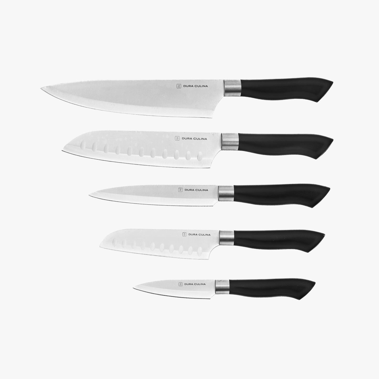 Set of five knives with black handles on a white background