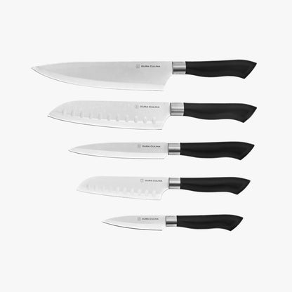 Set of five knives with black handles on a white background