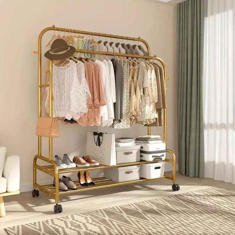 Space-Saving Dual Bar Rolling Wardrobe Rack with Hooks
