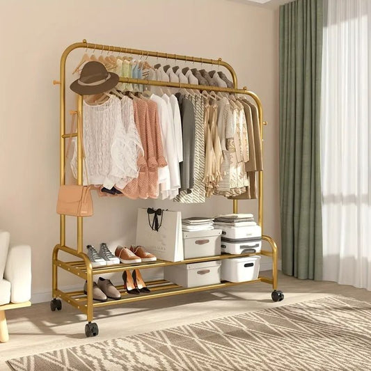 Space-Saving Dual Bar Rolling Wardrobe Rack with Hooks