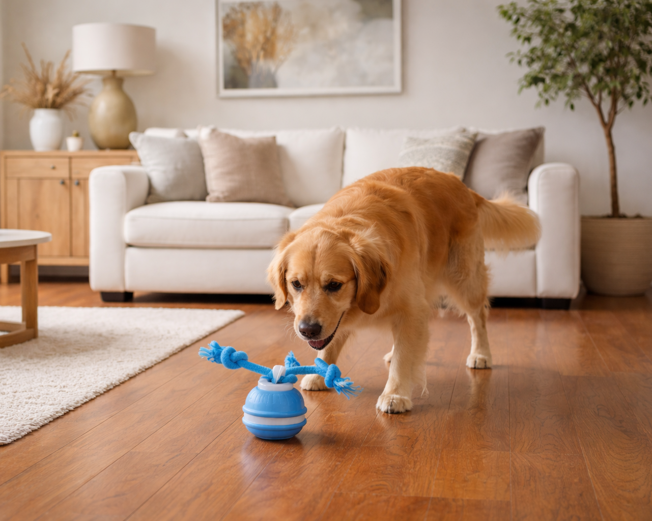 Dog playing with a blue toy on a wooden floor in a living room.