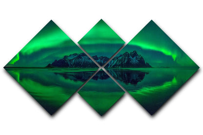 Four diamond-shaped panels showing a mountain reflection in water with green northern lights.