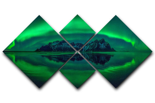 Four diamond-shaped panels showing a mountain reflection in water with green northern lights.