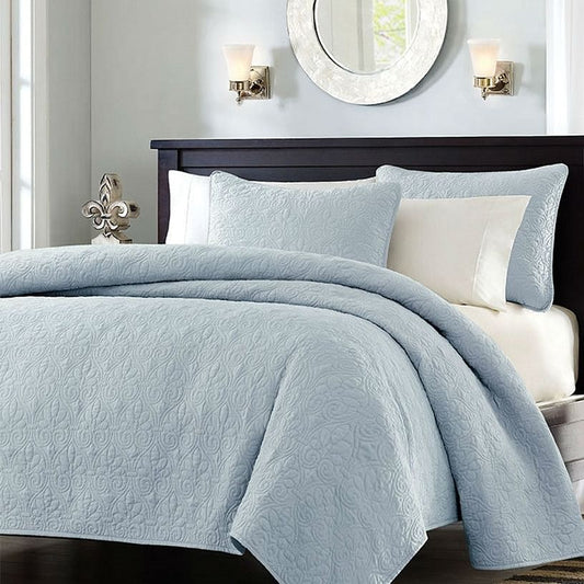 3-Piece Full/Queen Quilted Coverlet Set in Light Blue (100% Cotton Fill)