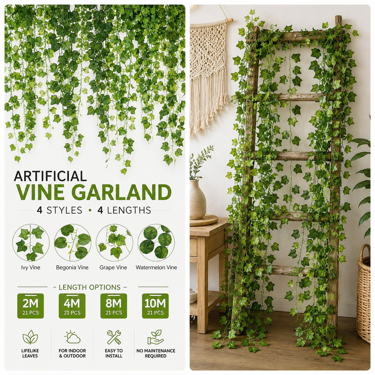 Faux Ivy Garland for Shelves, Walls, and Arches