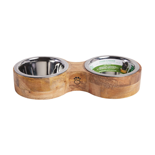Unique Sustainable Mango Wood Pet Feeder with Dishwasher Safe Bowls