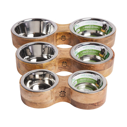 Unique Sustainable Mango Wood Pet Feeder with Dishwasher Safe Bowls