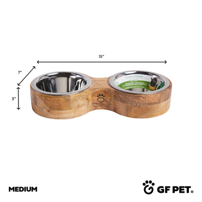 Unique Sustainable Mango Wood Pet Feeder with Dishwasher Safe Bowls