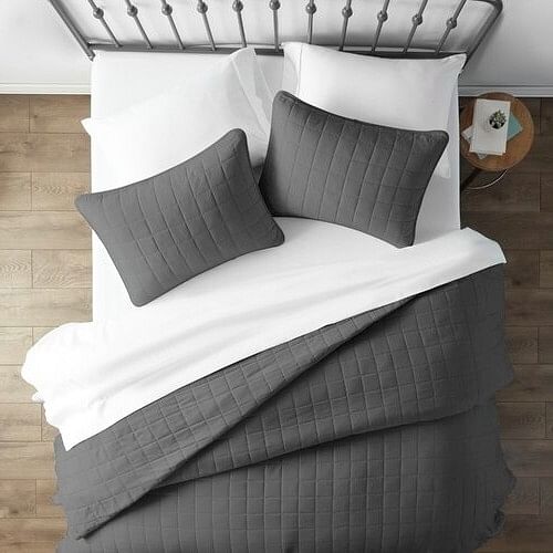 3-Piece Full/Queen Microfiber Coverlet Set in Grey with Square Tufting