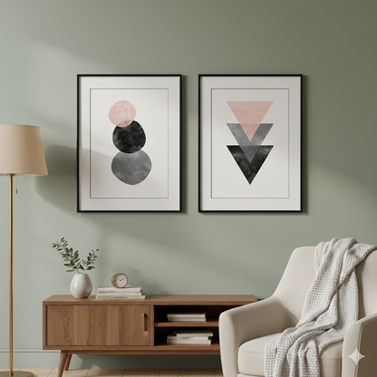 Two contemporary abstract art pieces matted and housed in 12x18 black wooden frames, part of the Decor Moxie Artisan Collection