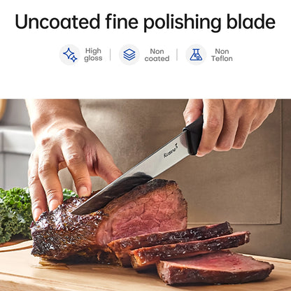 A person slicing a cooked steak with a polished knife on a wooden cutting board, with text at the top reading 'Uncoated fine polishing blade' and feature icons for high gloss, non coated, and non Teflon.