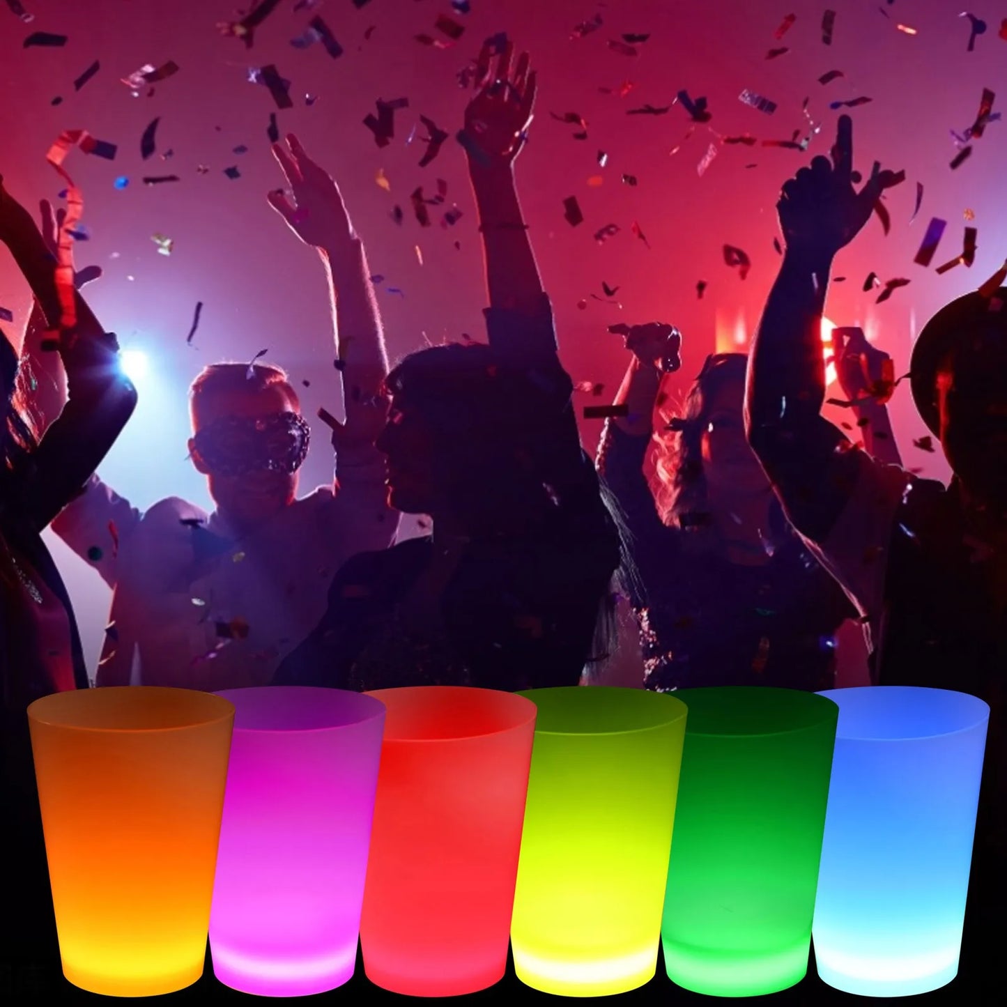Colorful glowing cups in front of a crowd at a concert with confetti.