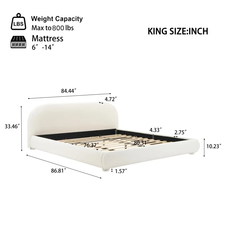 Cream Bouclé Upholstered Platform Bed with Curved Headboard