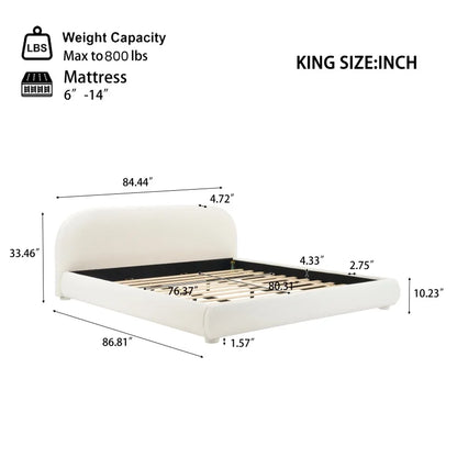 Cream Bouclé Upholstered Platform Bed with Curved Headboard
