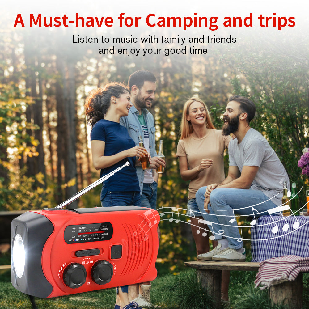 Red and black portable radio with people in a forest setting, promoting music enjoyment during camping trips.