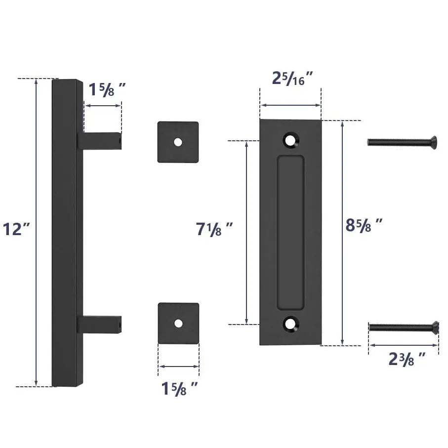 KAK 12" Matte Black Barn Door Handle & Flush Pull Set