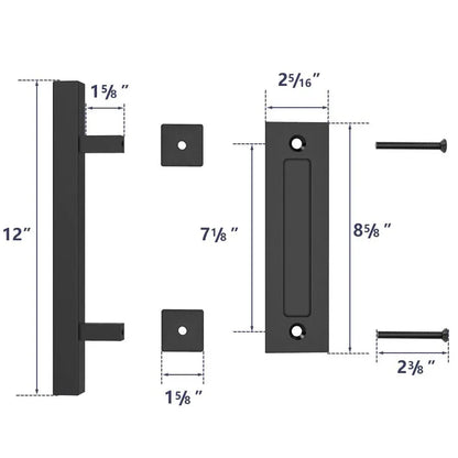 KAK 12" Matte Black Barn Door Handle & Flush Pull Set