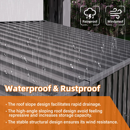 Roof with rainproof and windproof features, showing water droplets and text about waterproof and rustproof properties.