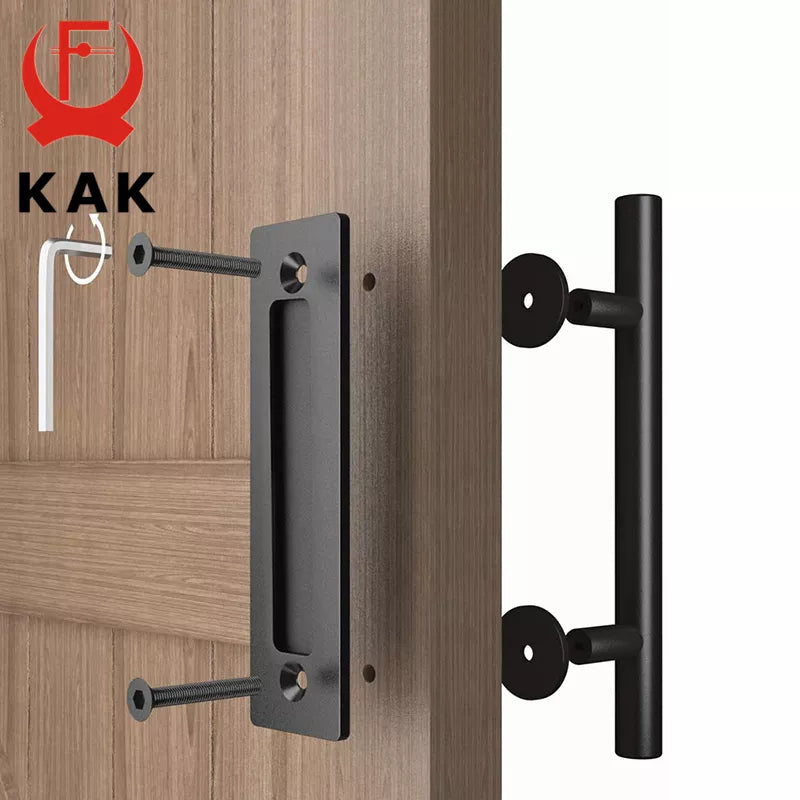 KAK 12" Matte Black Barn Door Handle & Flush Pull Set